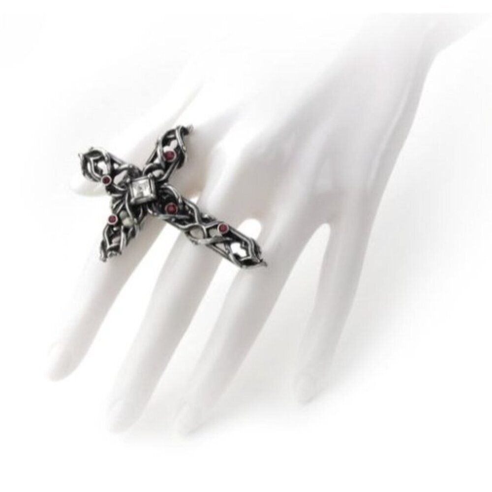 Alchemy Gothic ✦ Thorny Cross Handspan Ring ✦ Swarovski Crystal Statement Rare